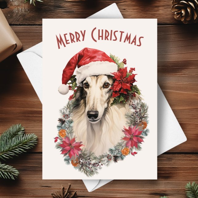 Borzoi Dog Weihnachtsmannmütze Red Poinsettias Wei Karte (Von Creator hochgeladen)