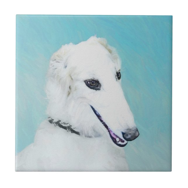 Borzoi (weiß) Malerei - Niedliche Original Hunde K Fliese (Vorderseite)