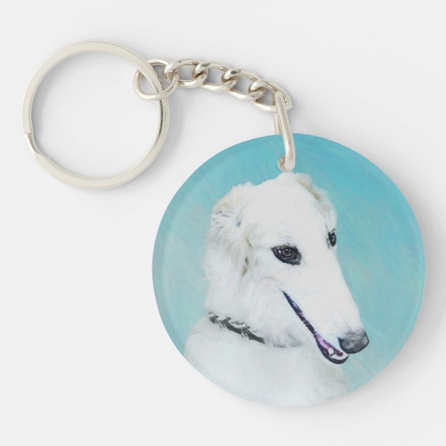 Borzoi (weiß) Malerei - Niedliche Original Hunde K Schlüsselanhänger (Vorderseite)