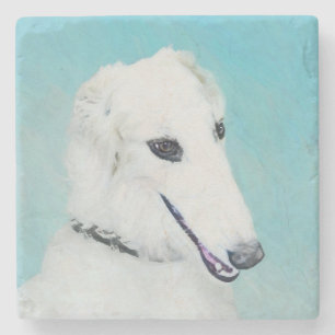 Borzoi (weiß) Malerei - Niedliche Original Hunde K Steinuntersetzer