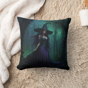 Böse Halloween-Hexe in Lila und Schwarz Kissen