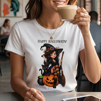 Böse Halloween-Hexe, lustige schwarze Katze T-Shirt