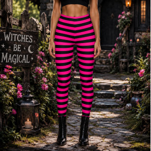 Böse Hexe Rosa und Schwarz Gestreifte Halloween Leggings
