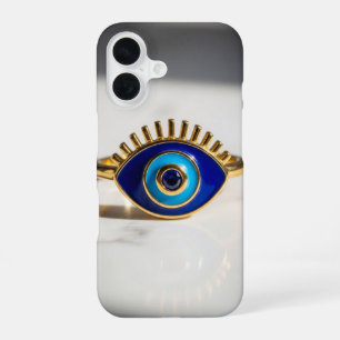 Böser Blick Goldring auf Marmorhintergrund iPhone 16 Hülle