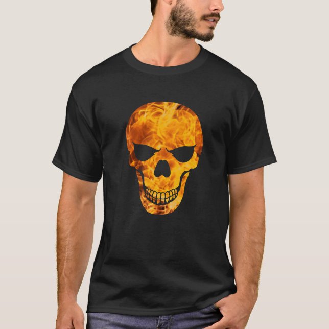 Böser Schädel mit Flammen. Devil Hell Hexenmeister T-Shirt (Vorderseite)