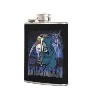 Böser Skelett in der gruseligen dunklen Halloween- Flachmann