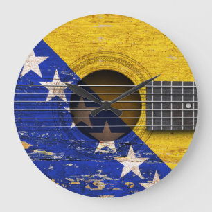 Bosnia-Herzegovina Flag on Old Acoustic Guitar Große Wanduhr