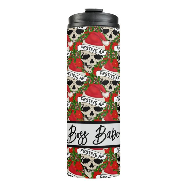 Boss Babe Festive AF Skelett in Weihnachtsmannmütz Thermosbecher (Vorderseite)