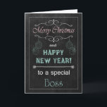 Boss Chalkboard Weihnachtskarte Feiertagskarte<br><div class="desc">Trendy Chalkboard Weihnachtskarte für Ihren Boss. Es verfügt über eine Tafel,  Kreidetext und Ornamente. (Die Karte ist keine echte Tafel oder Kreide,  die nur so angezeigt wird.) Design ©2013 Kreative Sentiments Cards von Sherry Harris</div>