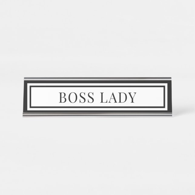Boss Lady Modern Black & White Chic Double Boarder Schreibtischnamensplakette (Vorderseite )