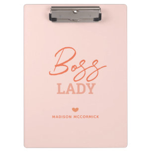 Boss Lady Modern Pink Orange Script Herz Monogram Klemmbrett