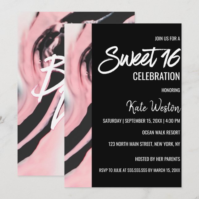 Boss Lady Pink Black Painted Marmor Sweet 16 Einladung (Vorne/Hinten)