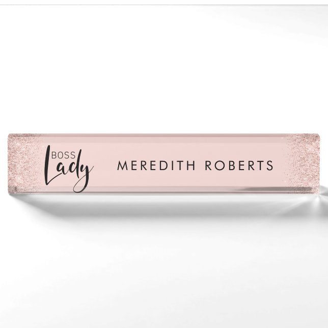 Boss Lady Rose Gold Blush Glitzer Personalisiert Namensplakette (Vorderseite)