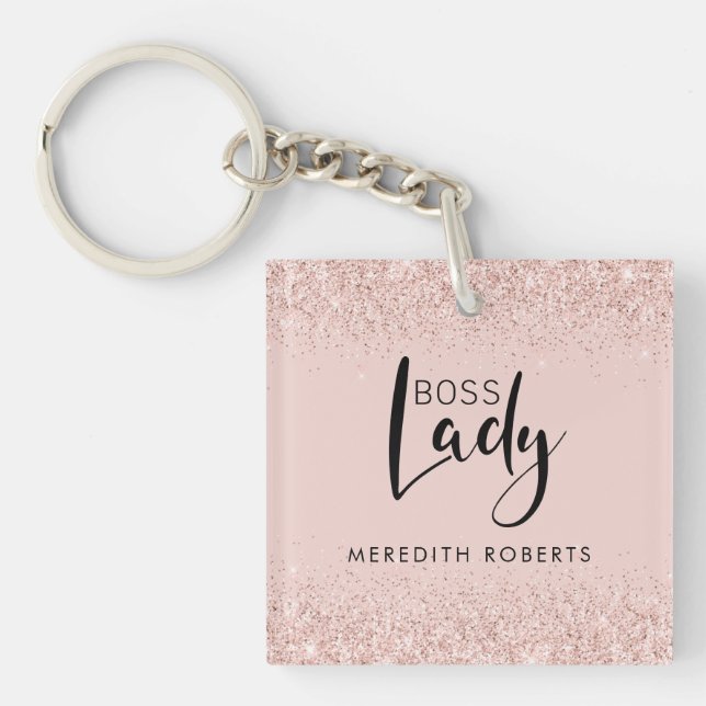 Boss Lady Rose Gold Blush Glitzer Personalisiert Schlüsselanhänger (Vorderseite)