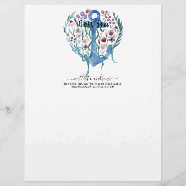 Boss Sea Quote Anchor Blume Blätter Wasserfarbe (Vorderseite)