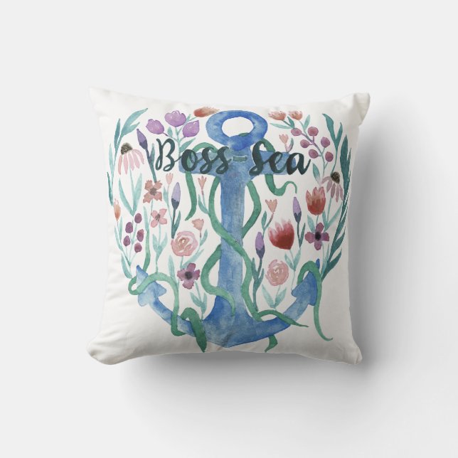 Boss Sea Quote Anchor Blume Blätter Wasserfarbe Kissen (Vorderseite)