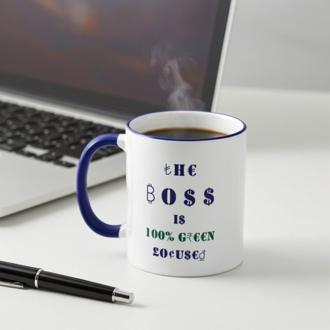 Boss und internationale Währung 100% grüne Fokussi Tasse (Coffee and finance with the boss)