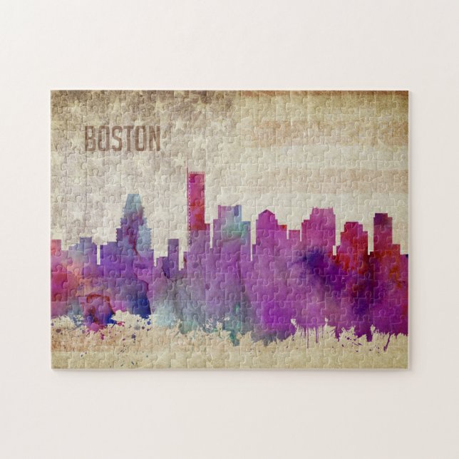 Boston, Aquarell-Stadt-Skyline MAs | (Horizontal)