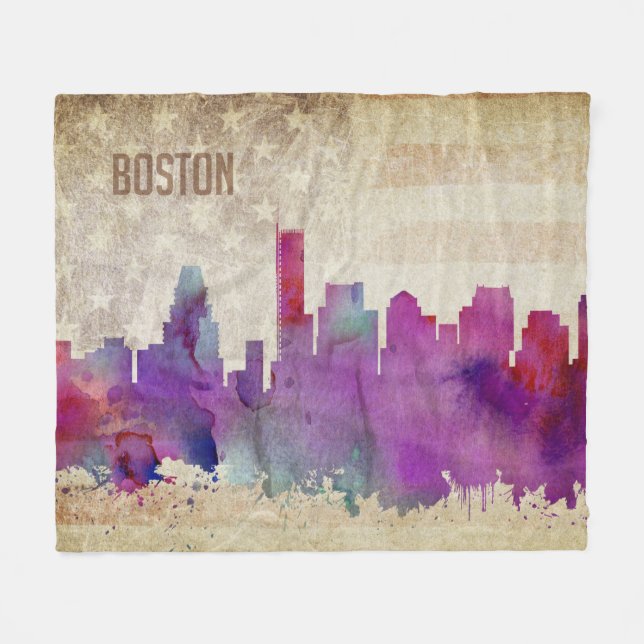 Boston, Aquarell-Stadt-Skyline MAs | Fleecedecke (Vorderseite (Horizontal))