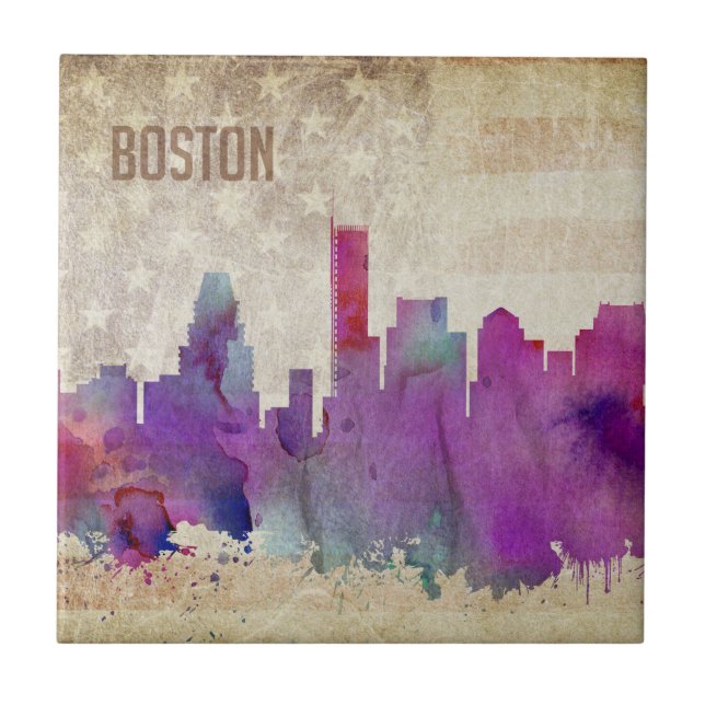 Boston, Aquarell-Stadt-Skyline MAs | Fliese (Vorderseite)