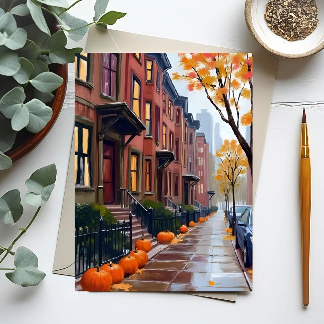 Boston Autumn Brownstones Pumpkin Watercolor Postkarte (Von Creator hochgeladen)