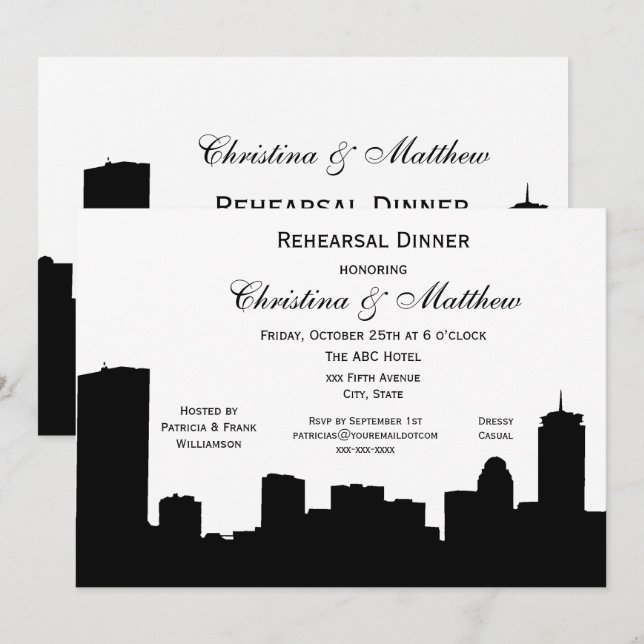 Boston Black Skyline Silhouette Probe Dinner Einladung (Vorne/Hinten)