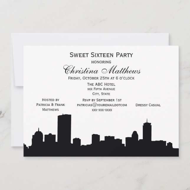 Boston Black Skyline Silhouette Sweet 16 Party Einladung (Vorderseite)