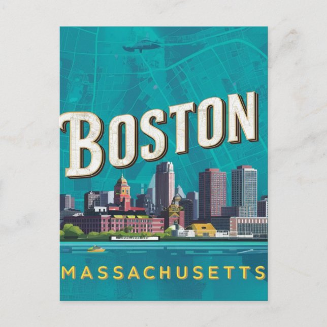 Boston, Boston Massachusetts City Skyline mit Kart Postkarte (Vorderseite)