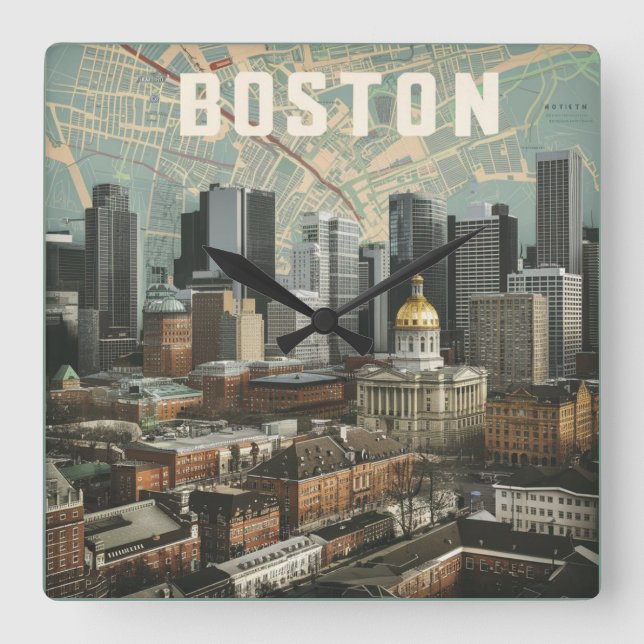 Boston, Boston Massachusetts City Skyline mit Kart Quadratische Wanduhr (Vorderseite)