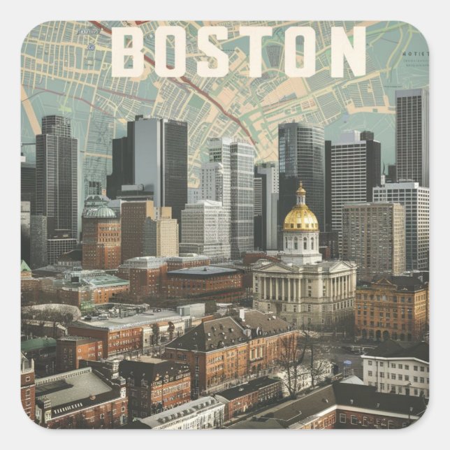 Boston, Boston Massachusetts City Skyline mit Kart Quadratischer Aufkleber (Vorderseite)