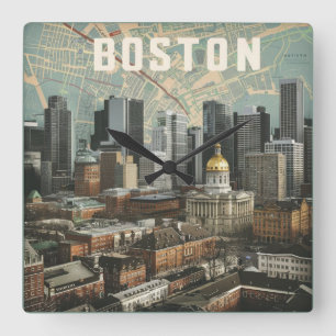 Boston, Boston Massachusetts Stadt Skyline mit Kar Quadratische Wanduhr