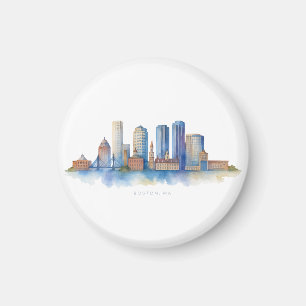 Boston City Skyline Aquarell   Modernes Boston MA  Magnet