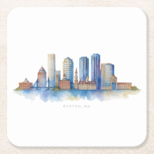 Boston City Skyline Aquarell Modernes Boston MA Rechteckiger Pappuntersetzer