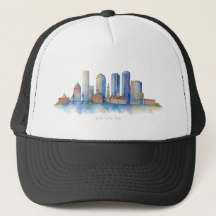 Boston City Skyline Aquarell Modernes Boston MA Truckerkappe