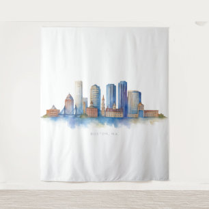 Boston City Skyline Aquarell   Modernes Boston MA  Wandteppich