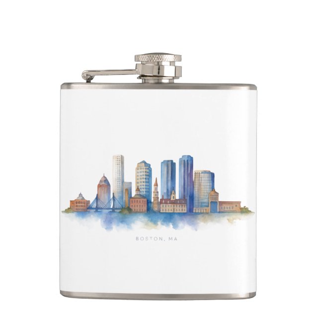 Boston City Skyline | Modernes Boston MA Flachmann (Vorderseite)