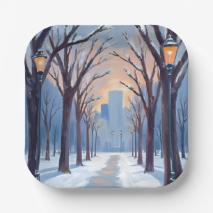 Boston Common Winter Schneefall Aquarell Pappteller