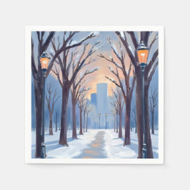 Boston Common Winter Snowfall Watercolor Serviette