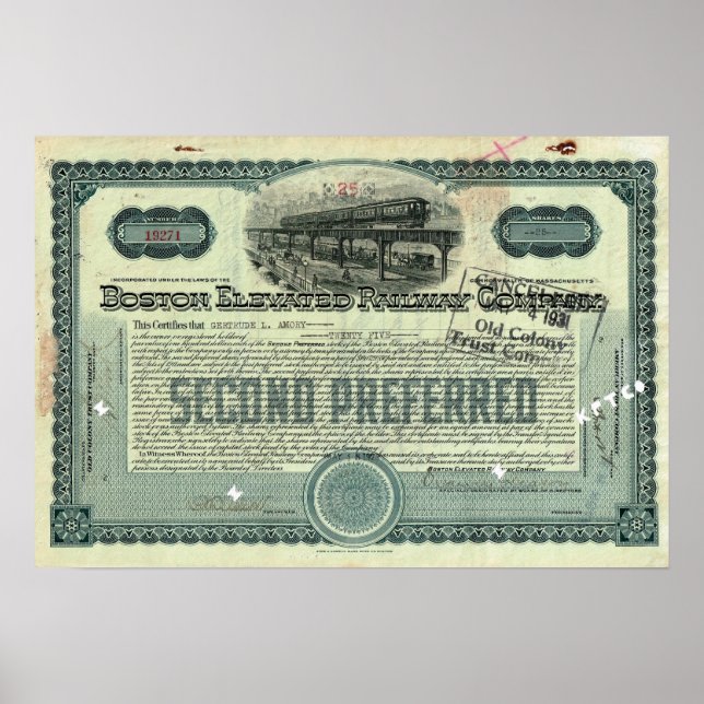 Boston Elevated Railway Co Stock Certificate Poster (Vorne)