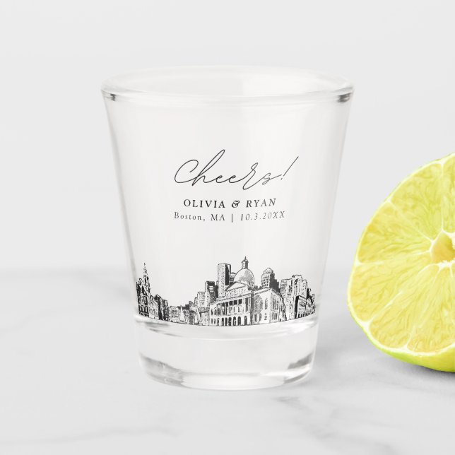 Boston Gastgeschenk Hochzeit Personalisiert Cheers Schnapsglas (Vorderseite)