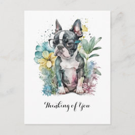 "Boston"-Gesicht Boston Welpenbrille Blumenmuster Postkarte