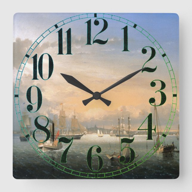 Boston Harbor 1854 Quadratische Wanduhr (Vorderseite)
