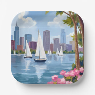 Boston Harbor Frühling Boot Bucht Stadt-Skyline Pappteller