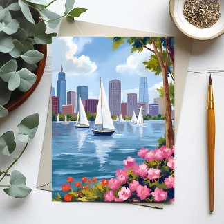 Boston Harbor Frühling | Boot Bucht Stadt Skyline Postkarte