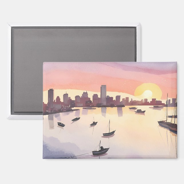 Boston Harbour | Wasserfarbe Stadt Massachusetts Magnet (Vorderseite/Rückseite)
