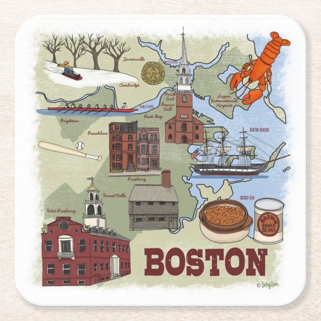 Boston Illustriert Map Untersetzer (Vorderseite)