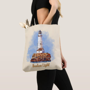 Boston Light Lighthouse Watercolor - Massachusetts Tasche