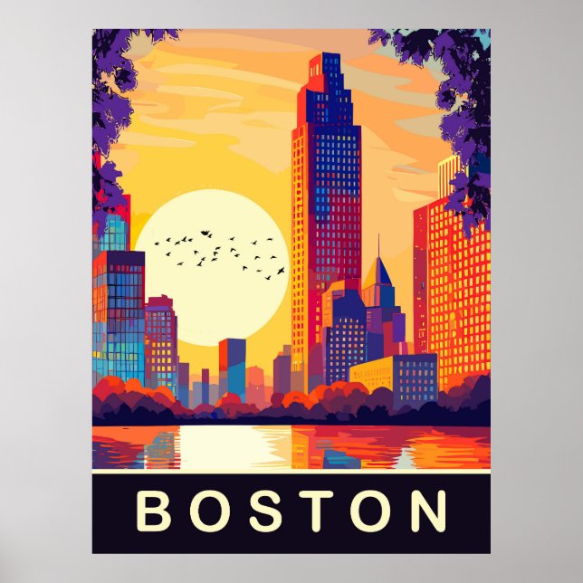 Boston, MA, Skyline on Sunset, Travel Poster (Vorne)
