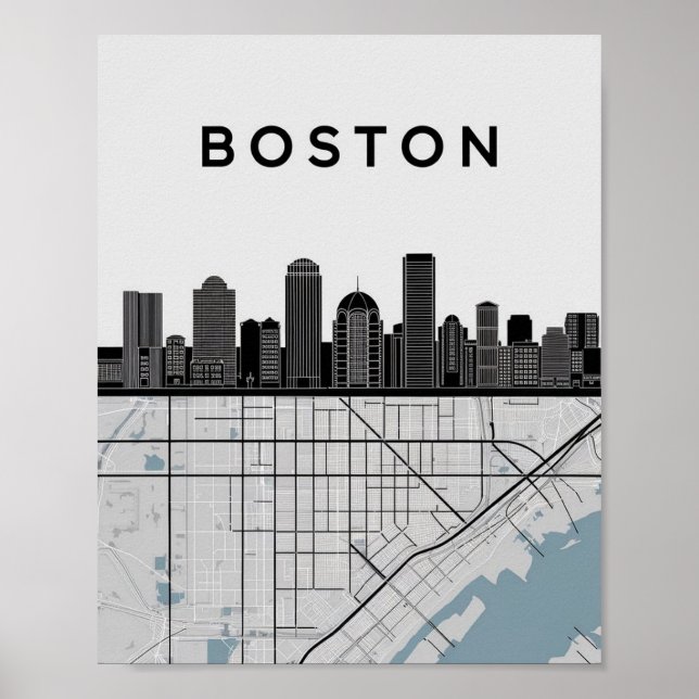 Boston Massachusetts City Skyline mit Karte Poster (Vorne)