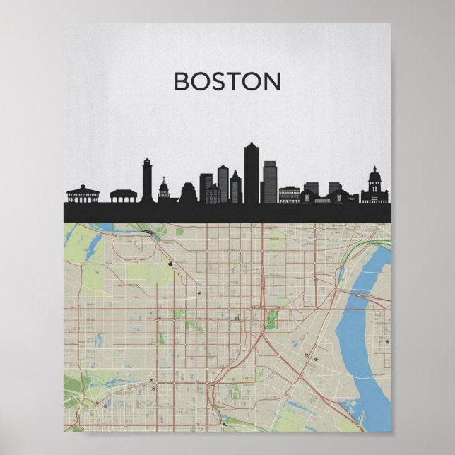 Boston Massachusetts City Skyline mit Karte Poster (Vorne)